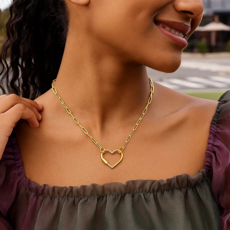 14k Yellow Gold Paperclip Chain Necklace with Heart Carabiner Clasp Product Image