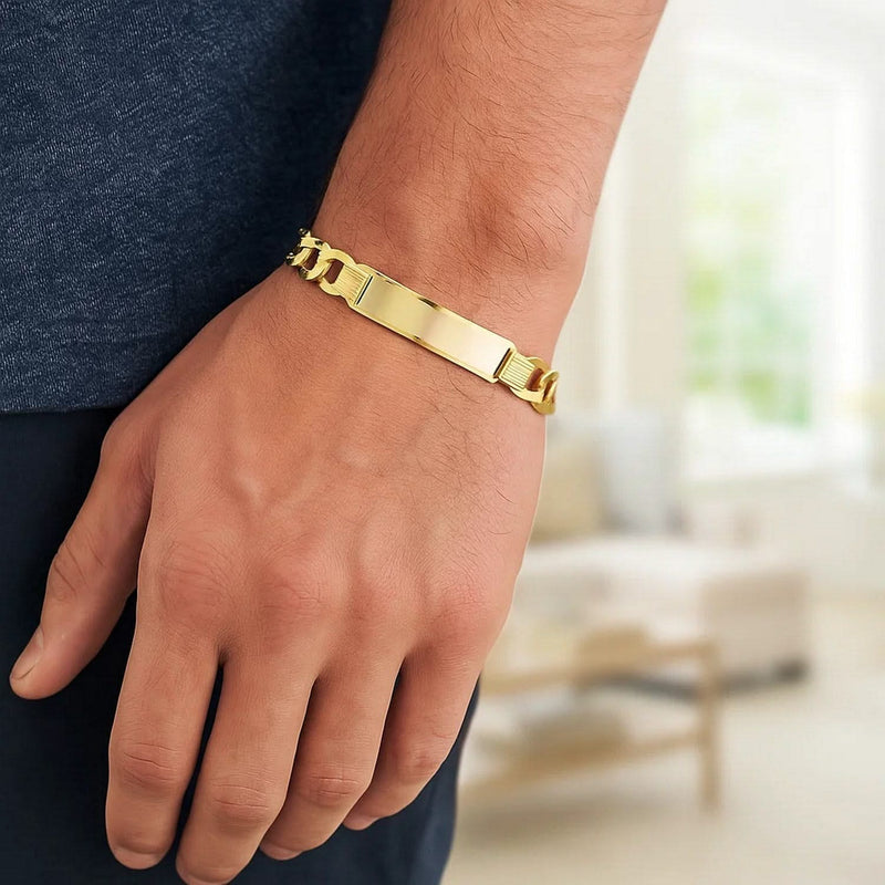 14k Yellow Gold 8 1/2 inch Mens Wide Curb Chain ID Bracelet (10.00 mm) 14K yellow gold mens wide curb chain ID bracelet with box clasp