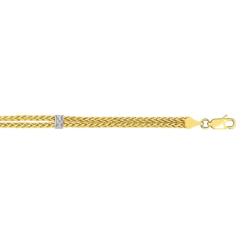 14k Two-Tone Gold Dual Wheat Chain Bracelet with Diamond Stations (3.75 mm) 14K two-tone gold wheat chain bracelet with round diamond stations