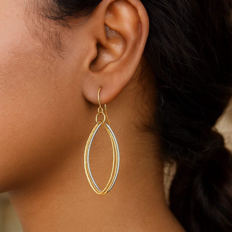 14k Two Tone Gold Textured Triple Oval Shape Drop Earrings Product Image