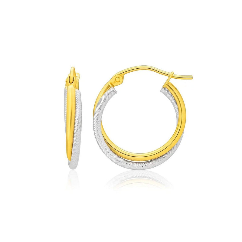 14k Two Tone Gold Double Polished and Textured Hoop Earrings Product Image