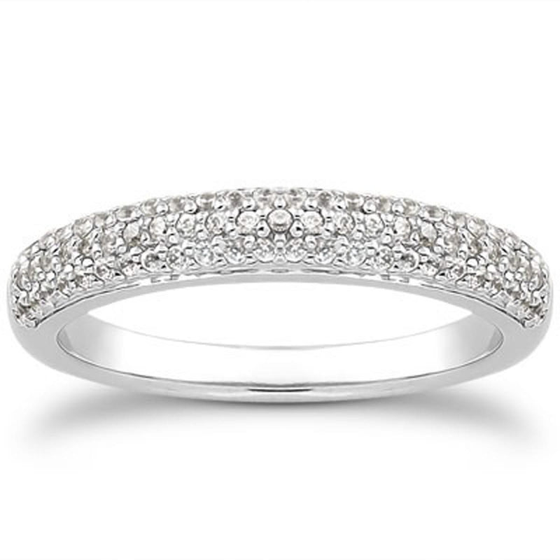 14k White Gold Triple Multi-Row Micro- Pave Diamond Wedding Ring Band 14K white gold wedding ring with three rows of pave diamonds