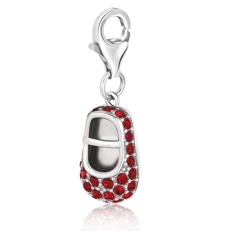 Sterling Silver Baby Shoe Charm with Red Tone Crystal Accents Sterling silver baby shoe charm with red-tone crystal accents
