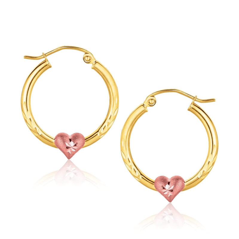 10K Two-Tone Gold Hoop Earrings with Heart Motif 10K two-tone gold hoop earrings with heart motif detail