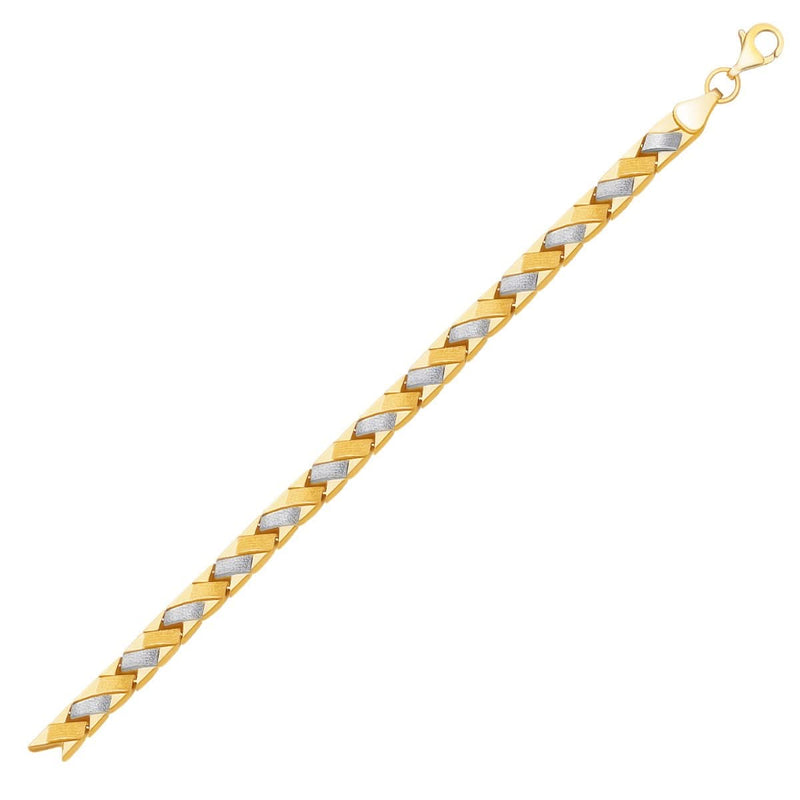 14k Two-Tone Gold Fancy Weave Bracelet with Contrasting Finish (6.35 mm) 14K two-tone gold woven bracelet with contrasting yellow and white finish