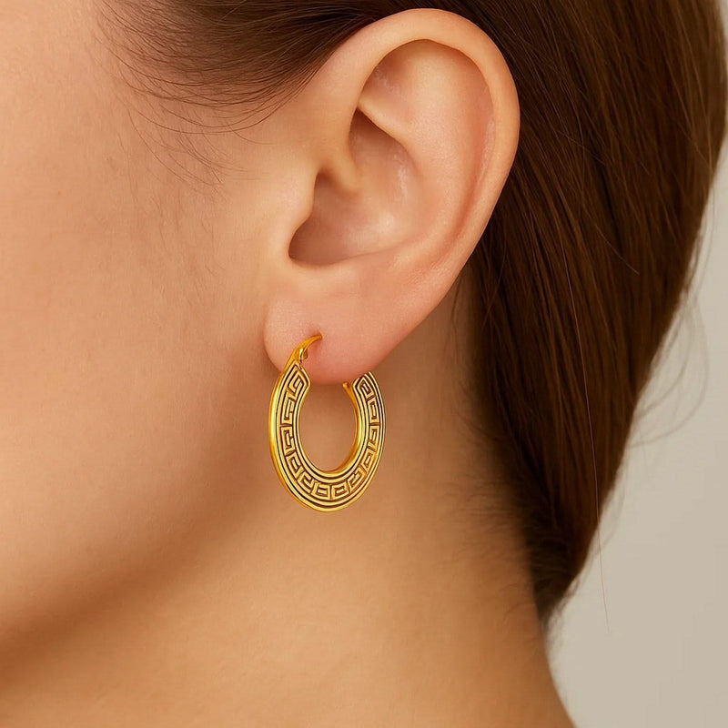 10k Yellow Gold Greek Key Small Hoop Earrings Product Image