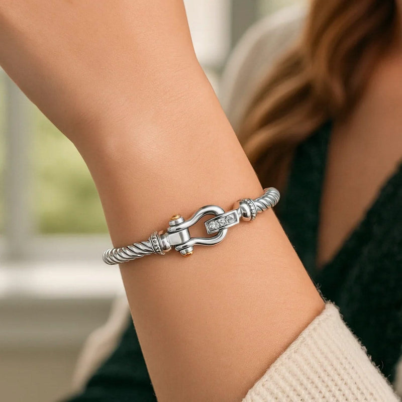 Italian Cable Bracelet with Diamond Accents in 18k Yellow Gold and Sterling Silver (5.00 mm) 18K yellow gold and silver cable bangle with diamond accents