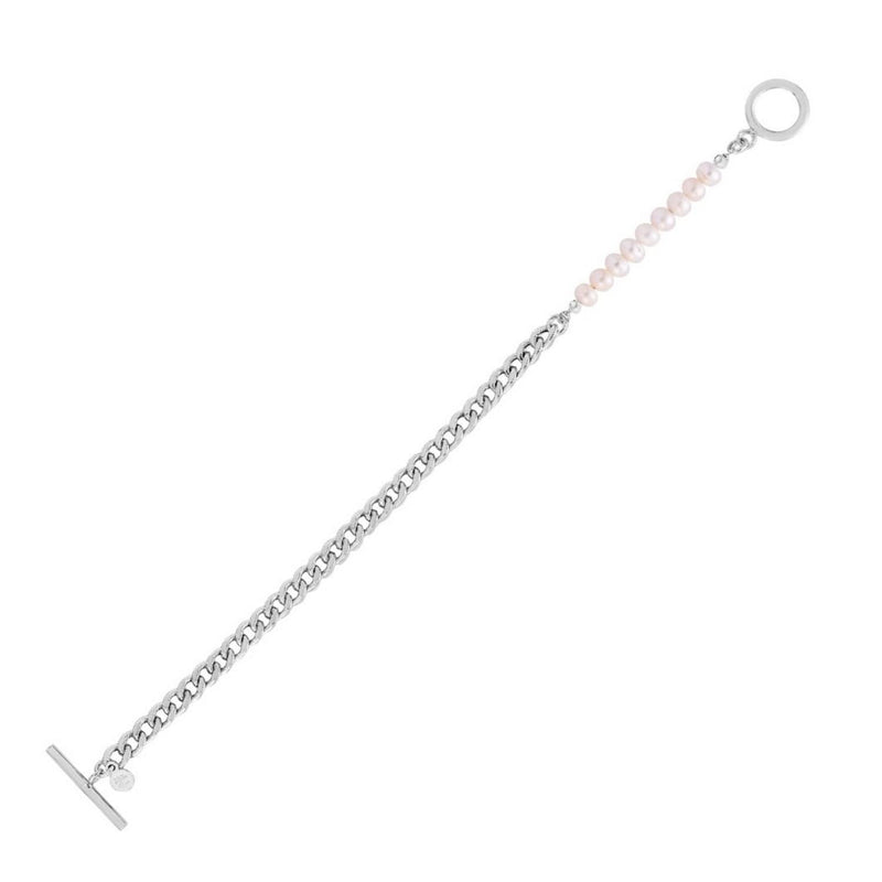 Sterling Silver Rhodium Plated Pearl Pearl Curb Toggle Bracelet (4.50 mm) Rhodium plated sterling silver curb toggle bracelet with pear pearl accents