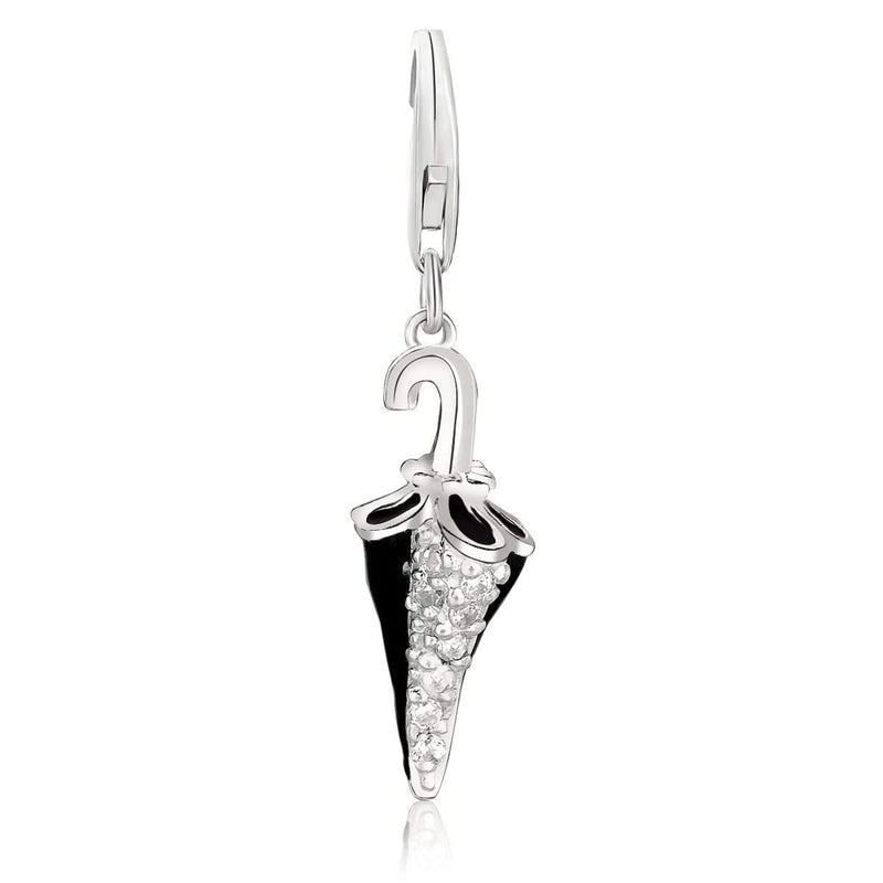 Sterling Silver Black Enameled Umbrella Charm with White Crystal Embellishments Sterling silver umbrella charm with black enamel and white crystal accents