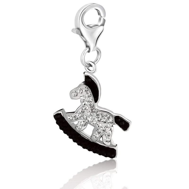 Sterling Silver Rocking Horse Charm with Black and White Crystal Accents Sterling silver rocking horse charm with black and white crystal accents
