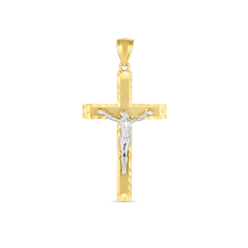 14k Two Tone Gold High Polish Diamond Cut Cross Pendant 14K two-tone gold cross pendant with diamond-cut high polish finish