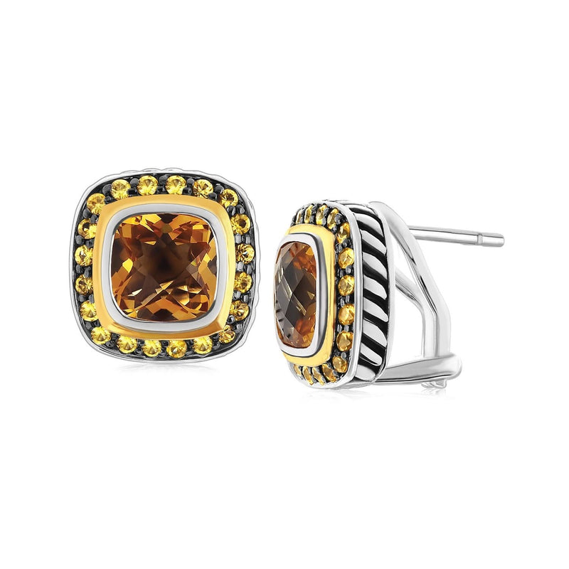 18K Yellow Gold and Sterling Silver Earrings with Citrine and Pave Set Sapphires 18K yellow gold ring with citrine center and pavé sapphire stones