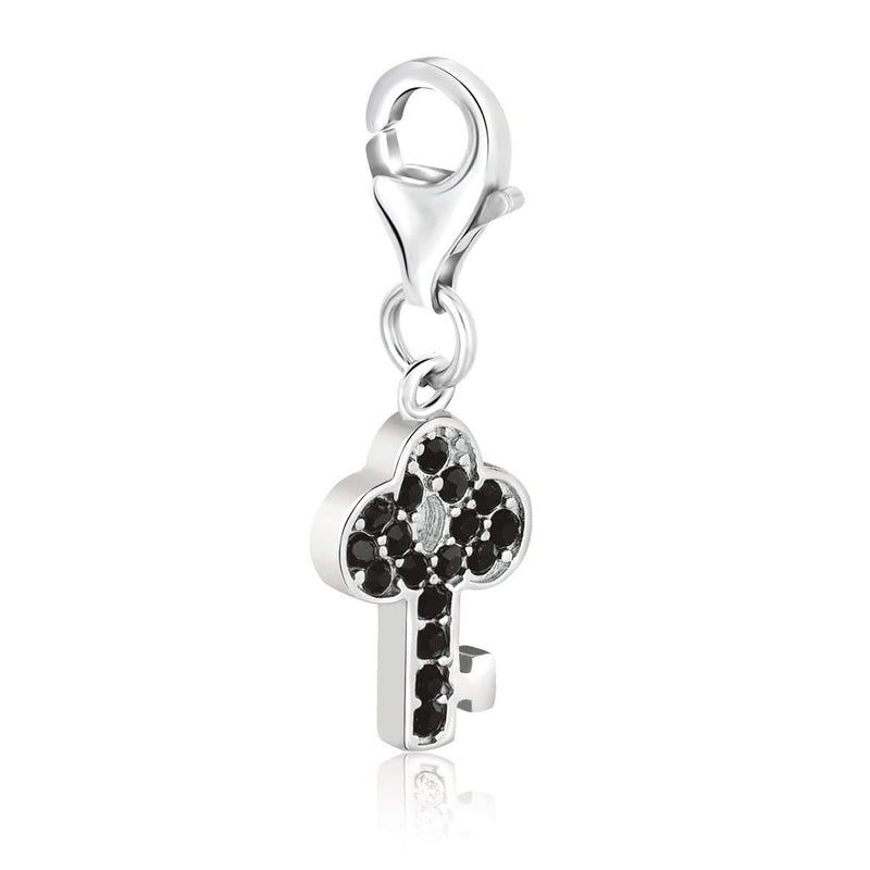 Sterling Silver Key Charm with Black Tone Crystal Accents Sterling silver key charm with black-tone crystal accents