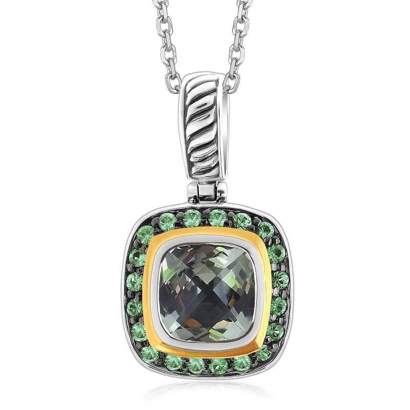 18K Yellow Gold and Sterling Silver Tsavorite and Green Amethyst Pendant 18K yellow gold and silver pendant with green tsavorite and green amethyst stones