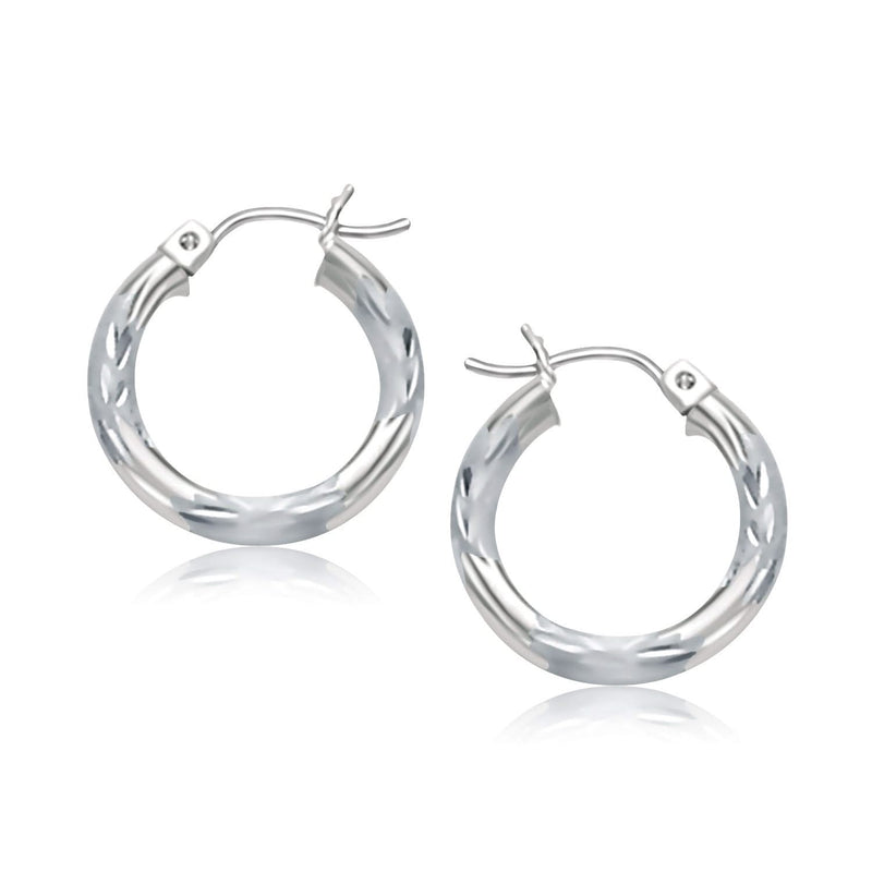 14k White Gold Hoop Earrings with Diamond Cuts (3x15mm) Product Image