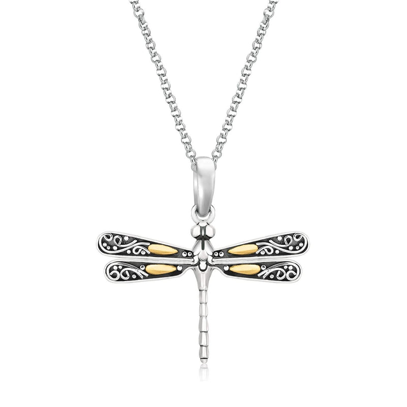 18k Yellow Gold and Sterling Silver Pendant in a Dragonfly Design 18K yellow gold and sterling silver dragonfly pendant with two-tone wing detailing