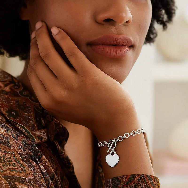 Sterling Silver Rhodium Plated Rolo Chain Bracelet with a Heart Charm (6.00 mm) Product Image