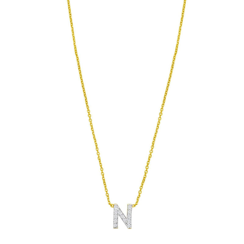 14K yellow gold N initial pendant necklace with small diamond stones