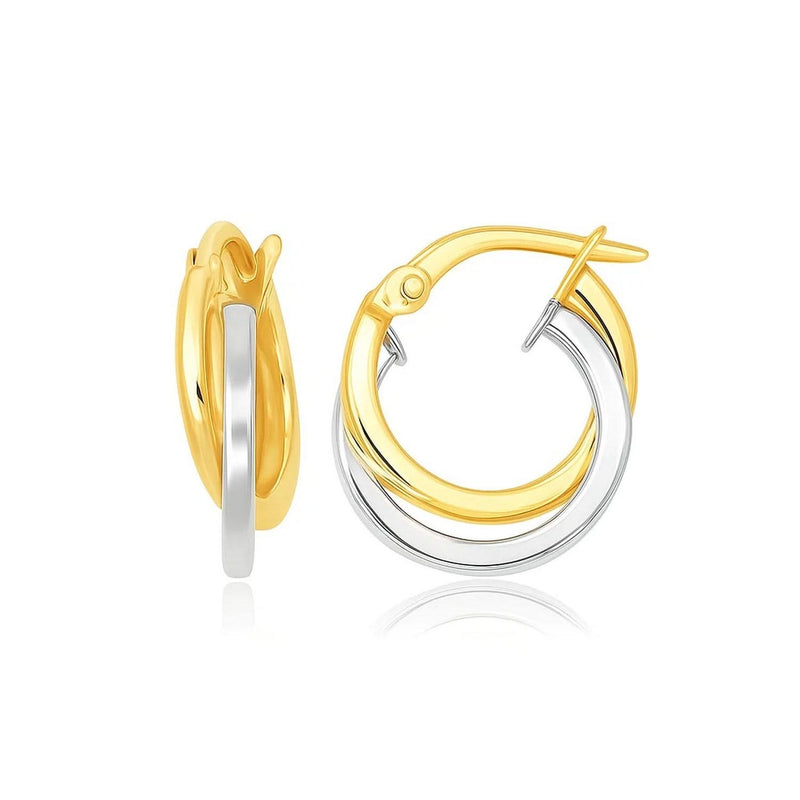 14k Two Tone Gold Earrings in Double Round Hoop Style 14K two-tone gold ring in double round hoop style with round profile