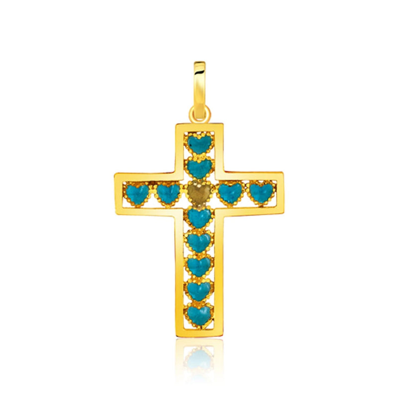 14K yellow gold heart cross pendant with openwork design