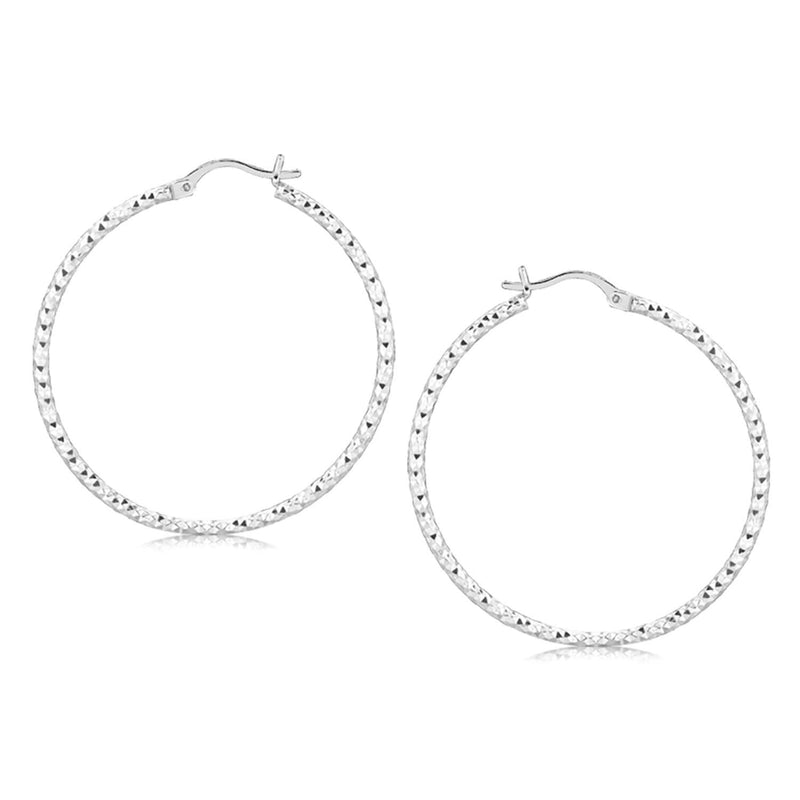Sterling Silver Rhodium Plated Large Faceted Style Hoop Earrings(2x40mm) Product Image