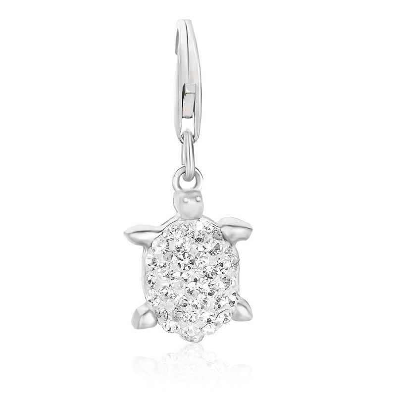 Sterling Silver White Tone Crystal Encrusted Tortoise Charm Sterling silver tortoise charm with white-tone crystals across the domed shell