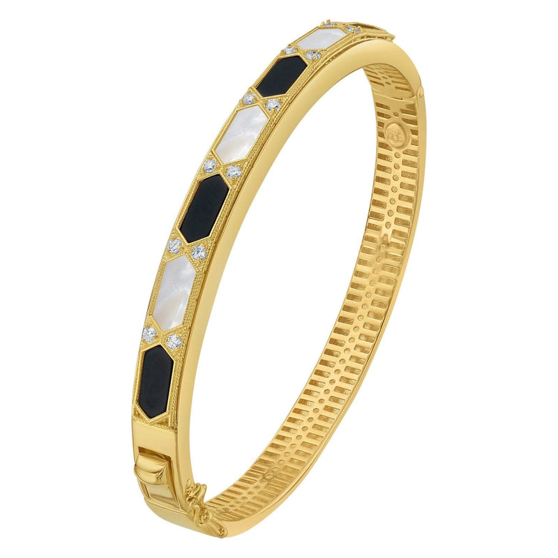 14K Yellow Gold Black And White Art Deco Hexagon Bangle 14K yellow gold Art Deco hexagon bangle with black and white enamel panels