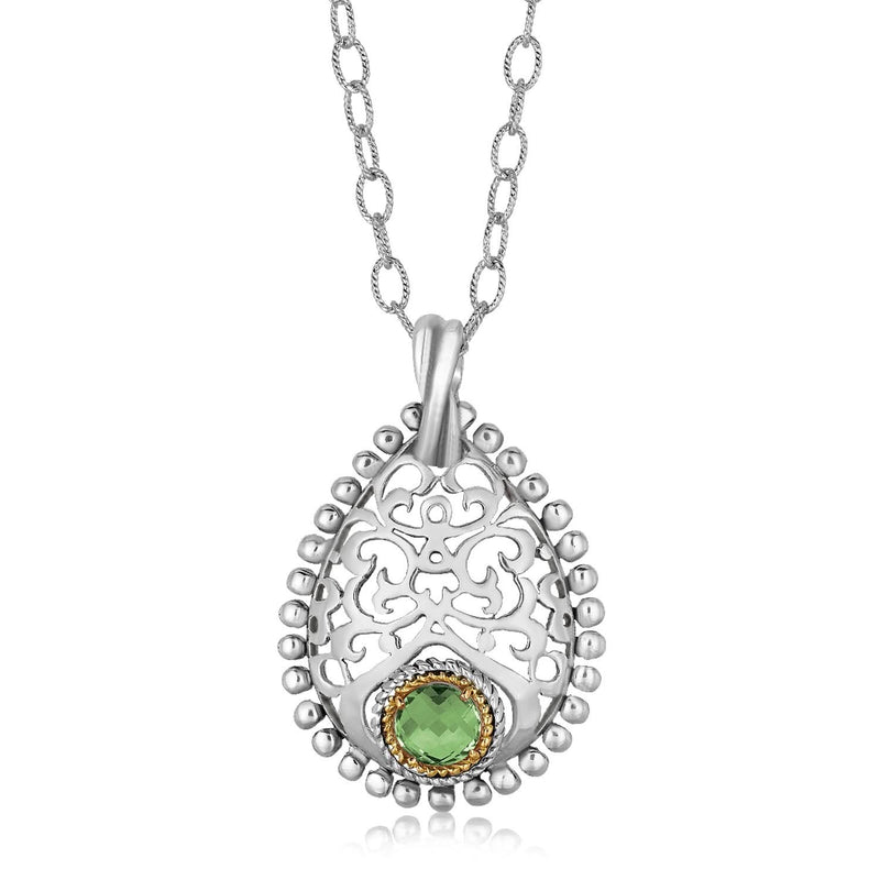 18K Yellow Gold and Sterling Silver Pendant with Round Green Amethyst 18K yellow gold and silver pendant with round green amethyst stone