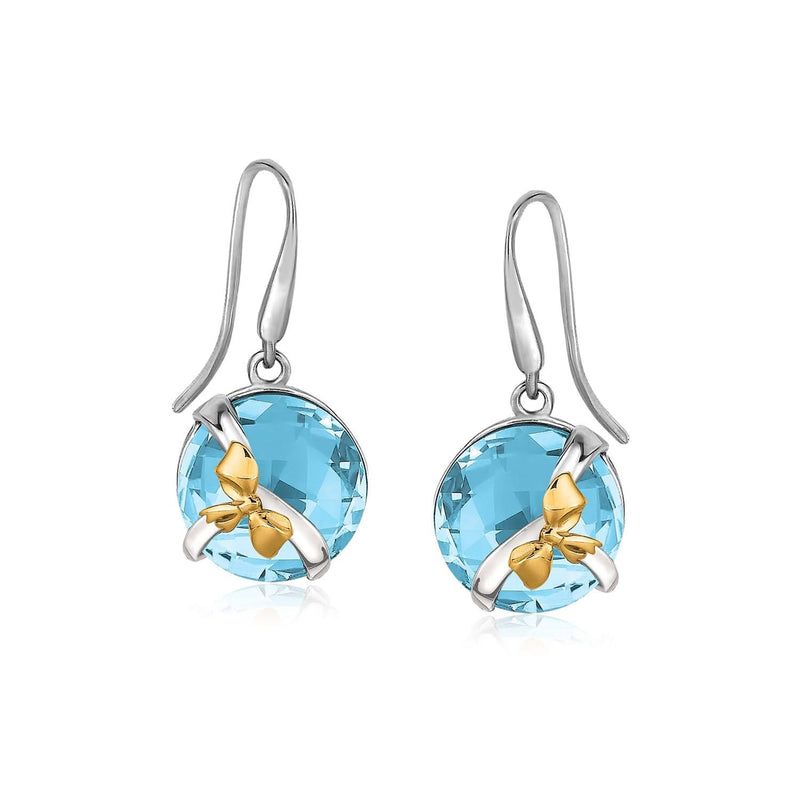 18K Yellow Gold and Sterling Silver Bow Motif Round Blue Topaz Drop Earrings 18K yellow gold bow drop earrings with round blue topaz stones