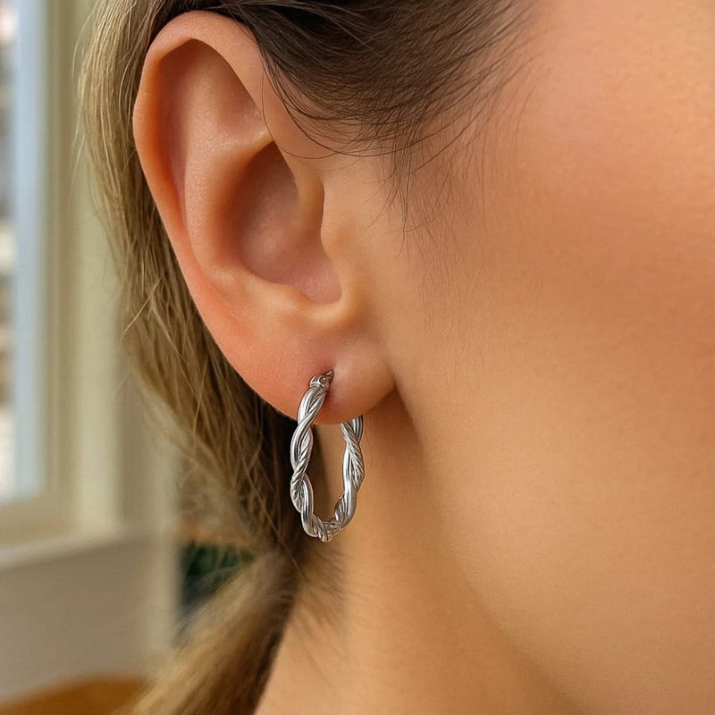 Sterling Silver Oval Hoop Braided Diamond Cut Earrings(4x22mm) Product Image
