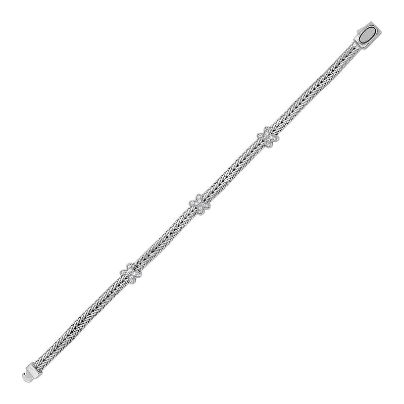 Woven Rope Bracelet with White Sapphire X Accents in Sterling Silver (2.00 mm) 925 sterling silver rope bracelet with white sapphire X accents