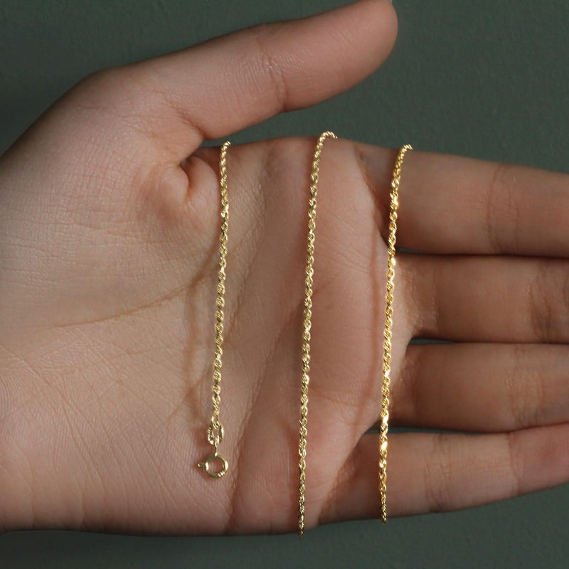10k Yellow Gold Solid Diamond Cut Rope Chain (1.40 mm) 10K yellow gold rope chain with diamond-cut faceted twist links