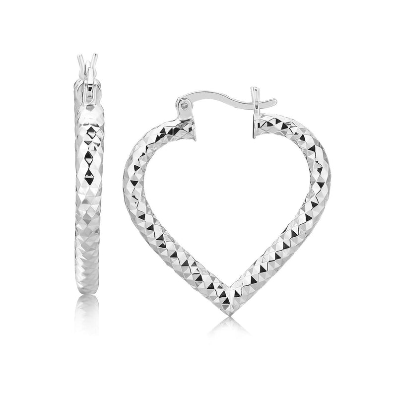 Sterling Silver Rhodium Plated Heart Style Hoop Diamond Cut Earrings(3x22mm) Product Image