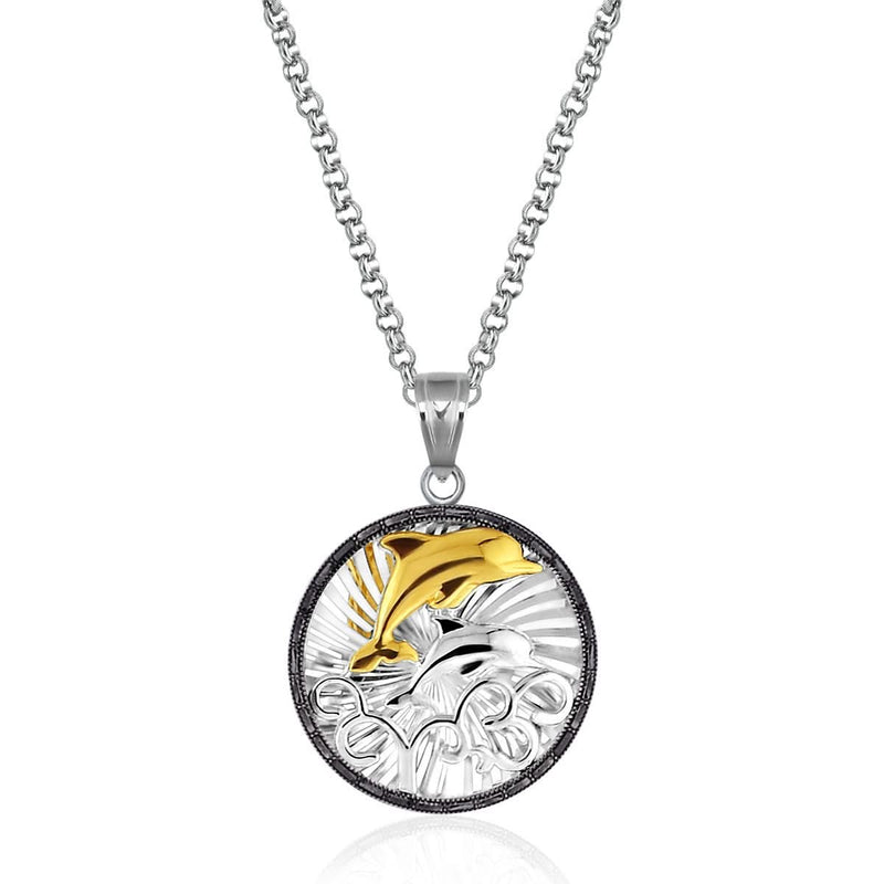 Sterling Silver and 14K Yellow Gold Round Dolphin Pendant with Black Crystal 14K yellow gold and silver round dolphin pendant with black round crystal stone