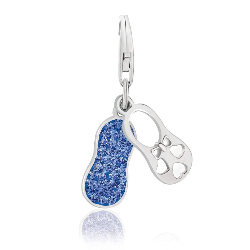 Sterling Silver Dual Bootie Charm with Blue Tone Crystal Embellishments Sterling silver dual bootie charm with blue-tone crystal accents