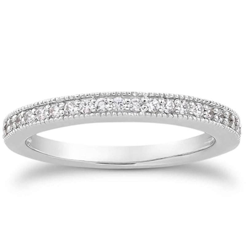 14k White Gold Pave Diamond Milgrain Wedding Ring Band Set 1/2 Around 14K white gold ring with round diamond stones in half-around pave setting
