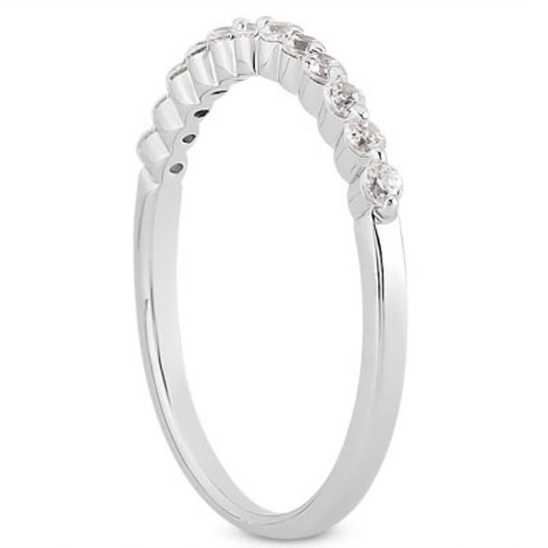 14k White Gold Floating Diamond Single Shared Prong Wedding Ring Band 14K white gold ring with round floating diamonds in shared prong setting