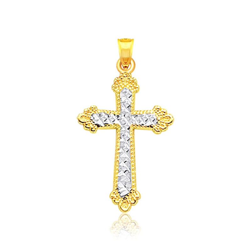 14k Two Tone Gold Diamond Cut Cross Pendant 14K two-tone gold diamond-cut cross pendant with faceted surface