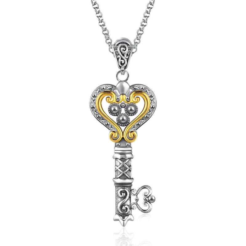 14K Yellow Gold & Sterling Silver Designer Decorative Key Pendant 14K yellow gold and sterling silver decorative key pendant, two-tone design
