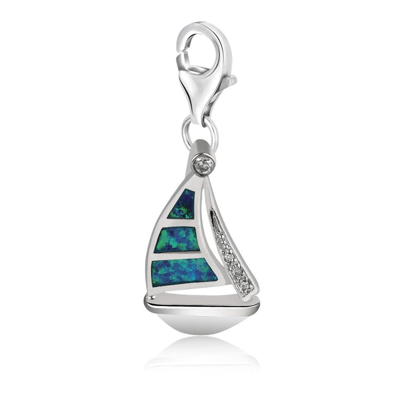 Sterling Silver Sailboat Charm with Opal Embellishments Sterling silver sailboat charm with opal accents in 925 silver