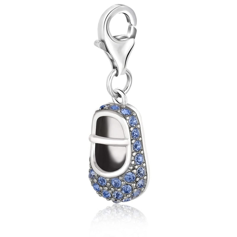 Sterling Silver Baby Shoe Charm with Blue Tone Crystal Embellishments Sterling silver 925 baby shoe charm with blue-tone crystal accents