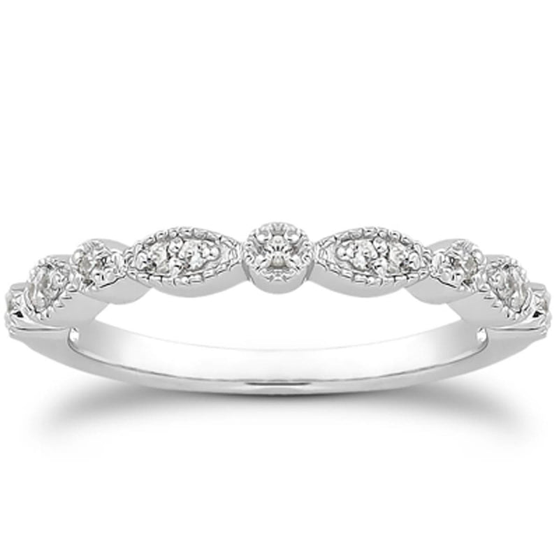 14k White Gold Vintage Look Fancy Pave Diamond Milgrain Wedding Ring Band 14K white gold ring with pave-set diamond stones and milgrain edge detail