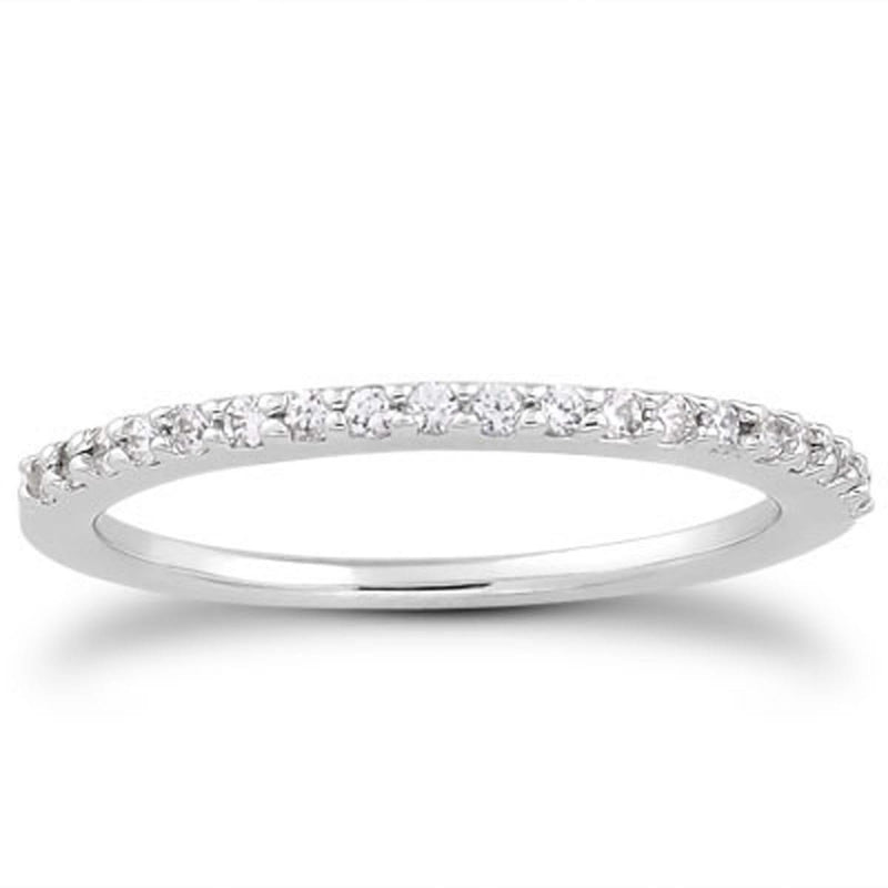 14k White Gold Slim Profile Diamond Micro Prong Diamond Wedding Ring Band 14K white gold ring with a row of round diamond stones in micro prongs