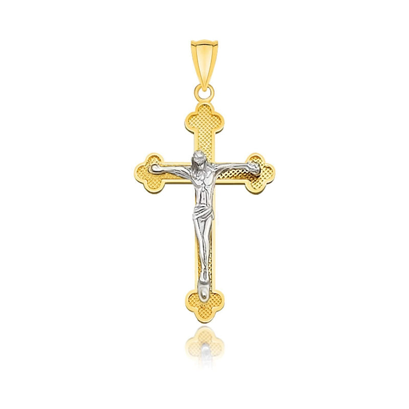 14k Two-Tone Gold Small Budded Style Cross with Figure Pendant 14K two-tone gold budded cross pendant with raised central figure