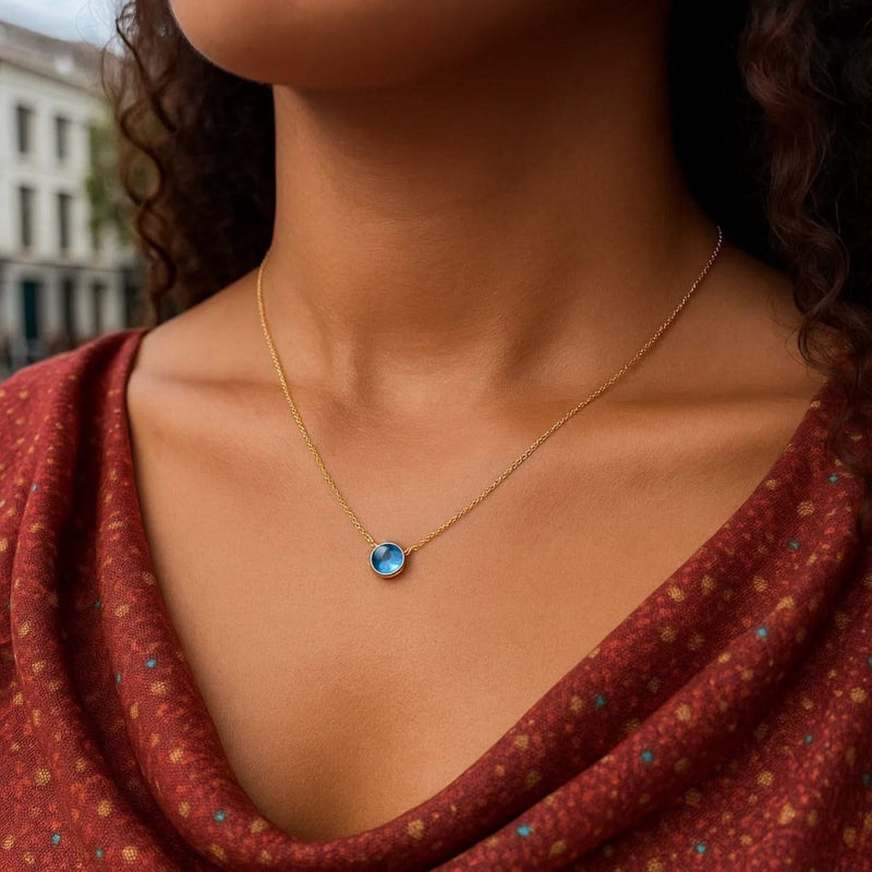 14k Yellow Gold 17 inch Necklace with Round Blue Topaz 14K yellow gold necklace with round blue topaz stones