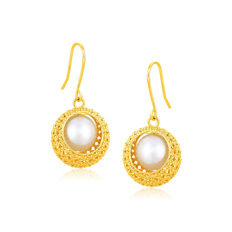 Italian Design 14K Yellow Gold Crochet Earrings with Cultured Pearl 14K yellow gold ring with 1 pear cultured pearl stone in crochet setting