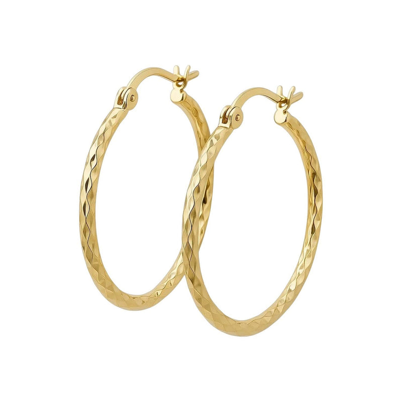 14k Yellow Gold Slender Hoop Earring with Diamond-Cut Finish (25mm Diameter) 14K yellow gold diamond-cut hoop earring, 25mm round slim profile