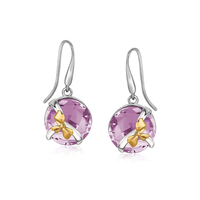18K Yellow Gold and Sterling Silver Bow Style Round Pink Amethyst Drop Earrings 18K yellow gold and silver drop earrings with round pink amethyst stones