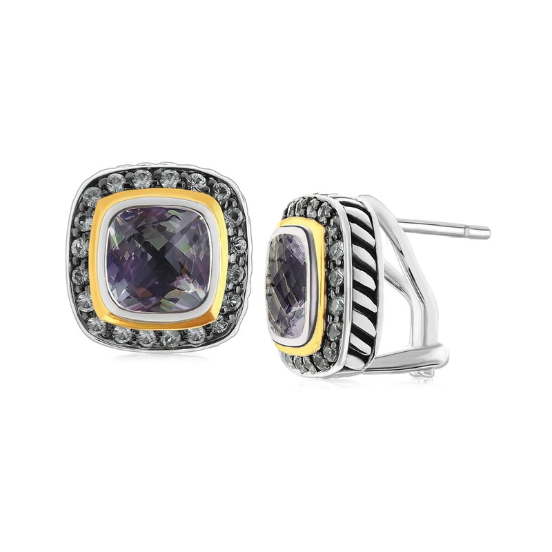 18K Yellow Gold and Sterling Silver Tsavorite and Pave Green Amethyst Earrings 18K yellow gold ring with pave green amethyst and tsavorite stones