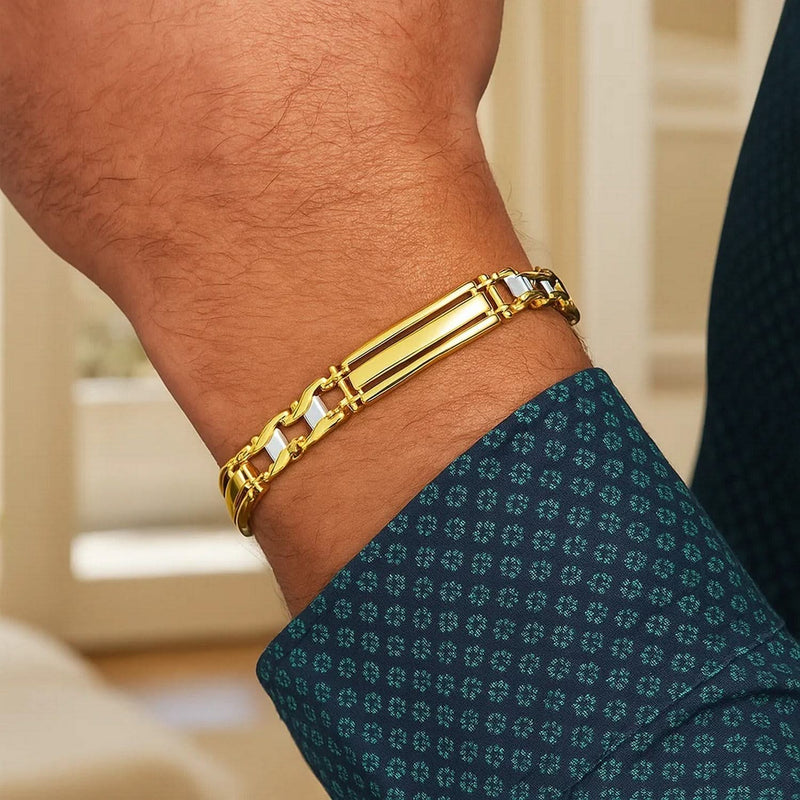 14k Two-Tone Gold Fancy Bar Style Mens Bracelet with Curved Connectors (9.65 mm) Product Image